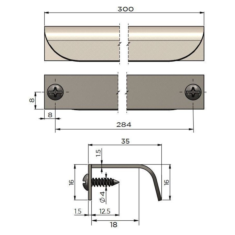 Öppen Edge-Pull 300mm Cabinet Handle (Brushed), Shadow