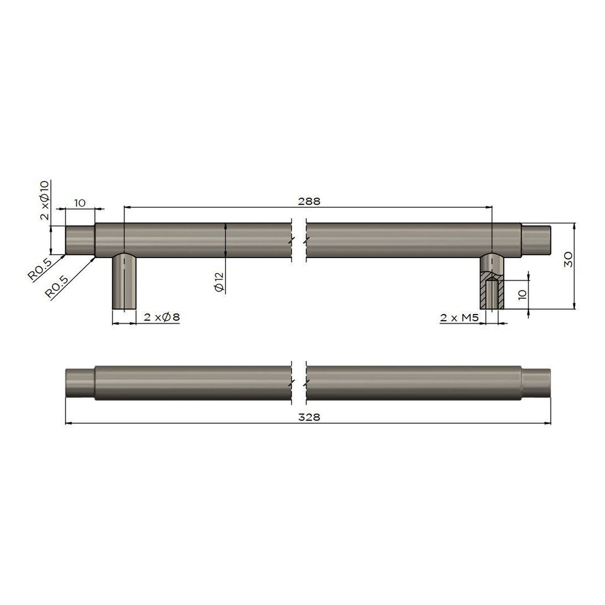 Öppen Round Pull 328mm Cabinet Handle (Brushed), Shadow