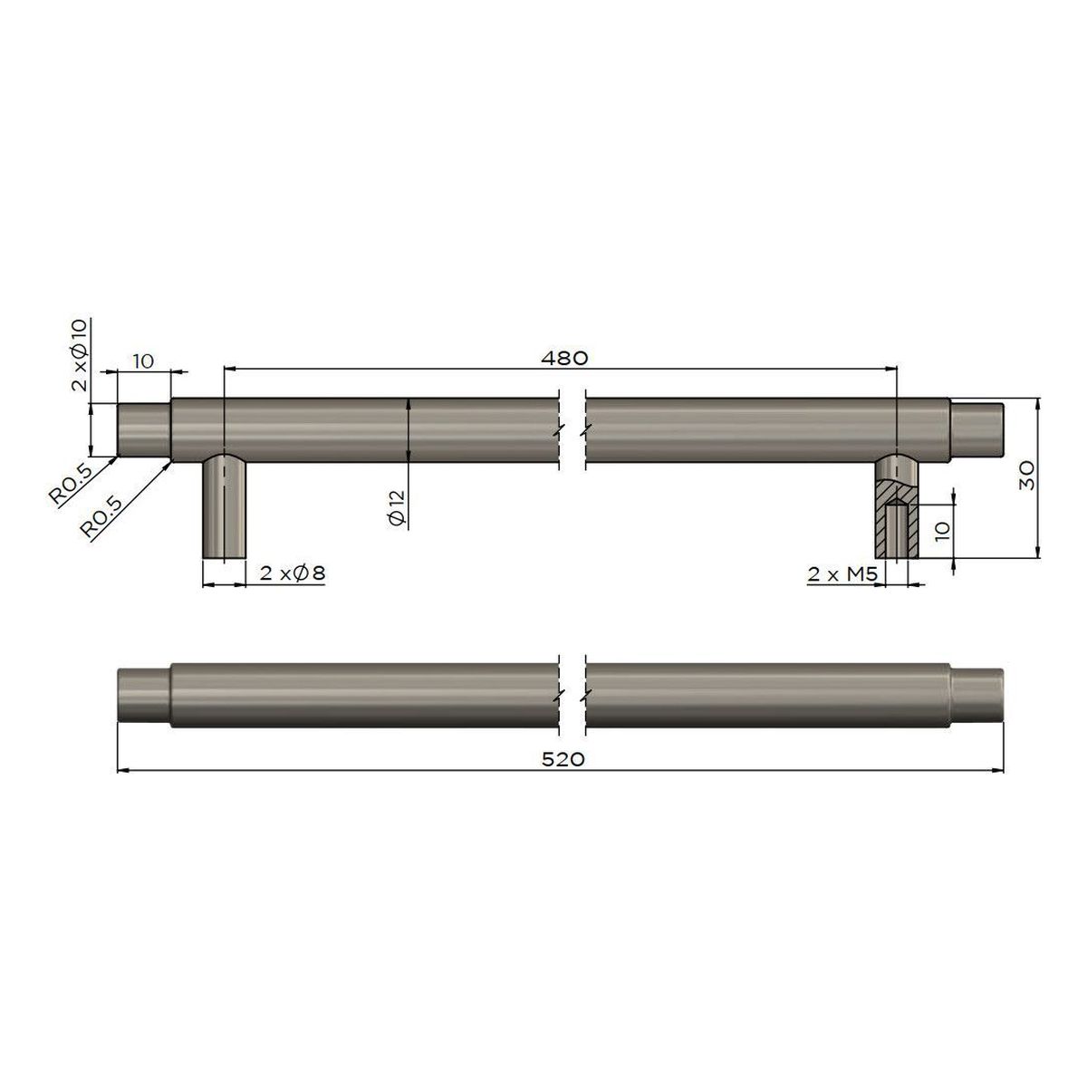 Öppen Round Pull 520mm Cabinet Handle (Brushed), Shadow