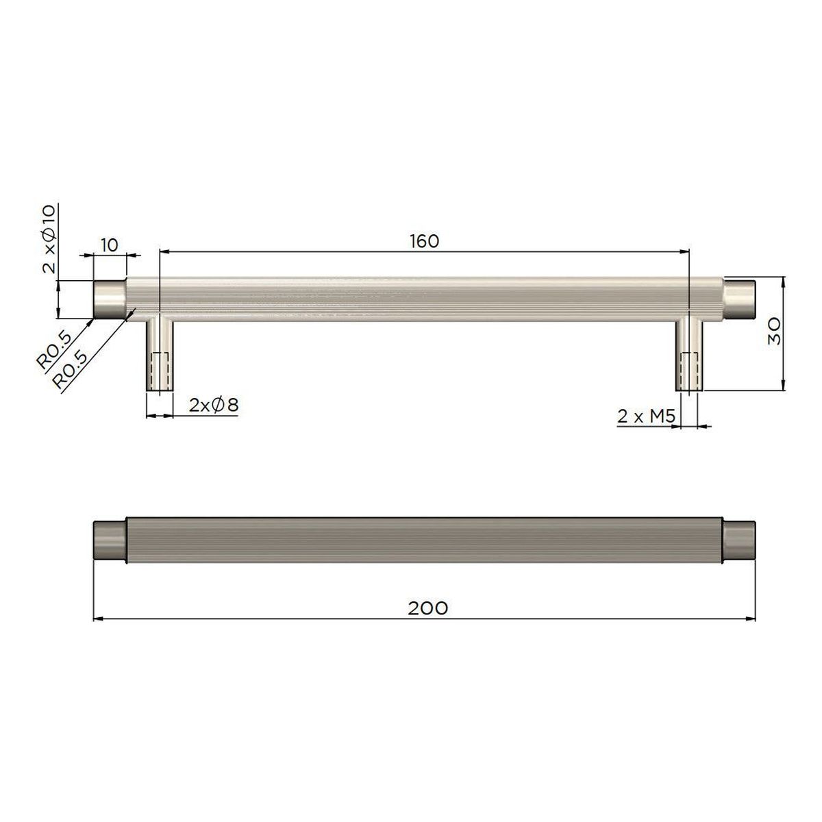 Öppen Round Pull 200mm Cabinet Handle (Linear Knurled), Brushed Nickel