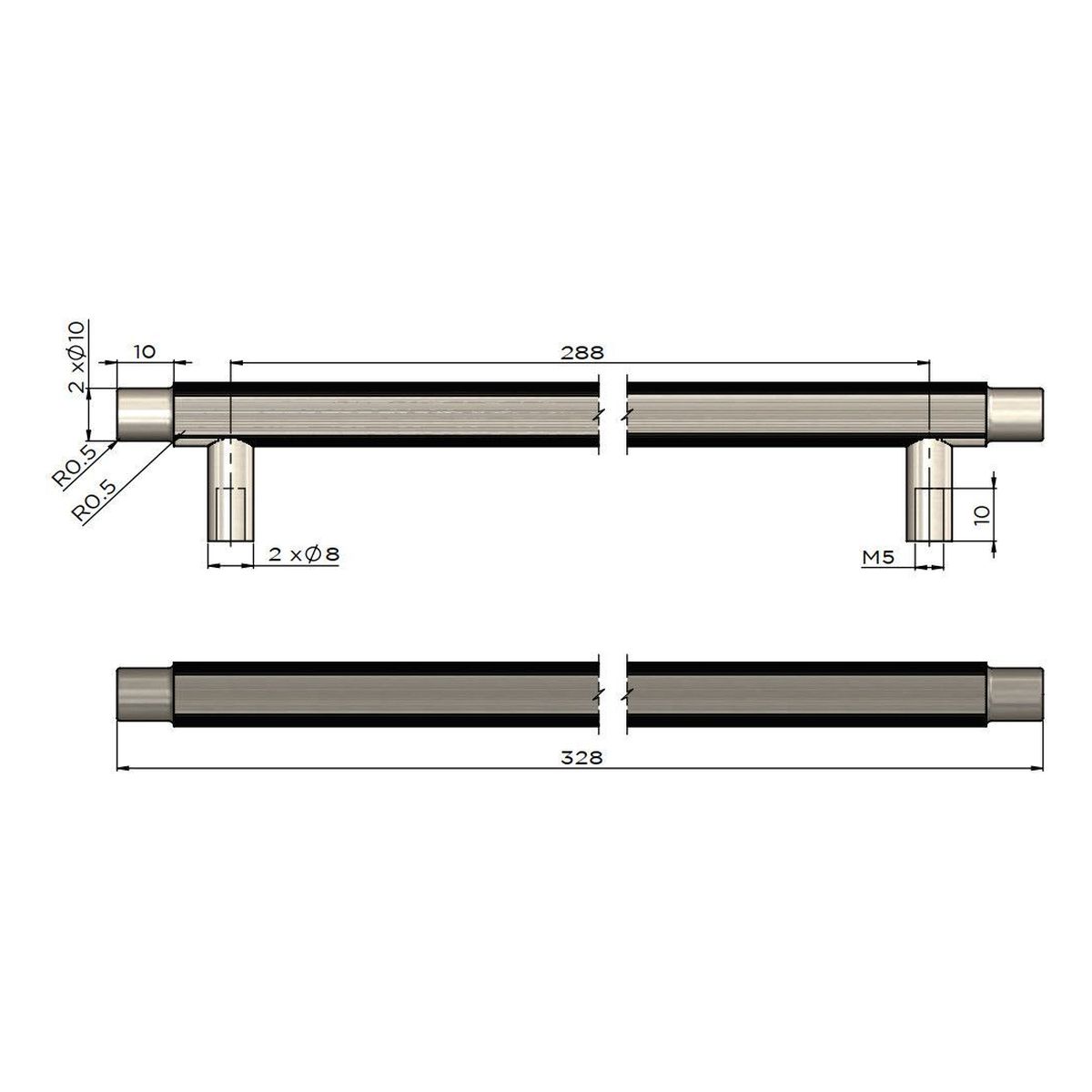 Öppen Round Pull 328mm Cabinet Handle (Linear Knurled), Brushed Nickel