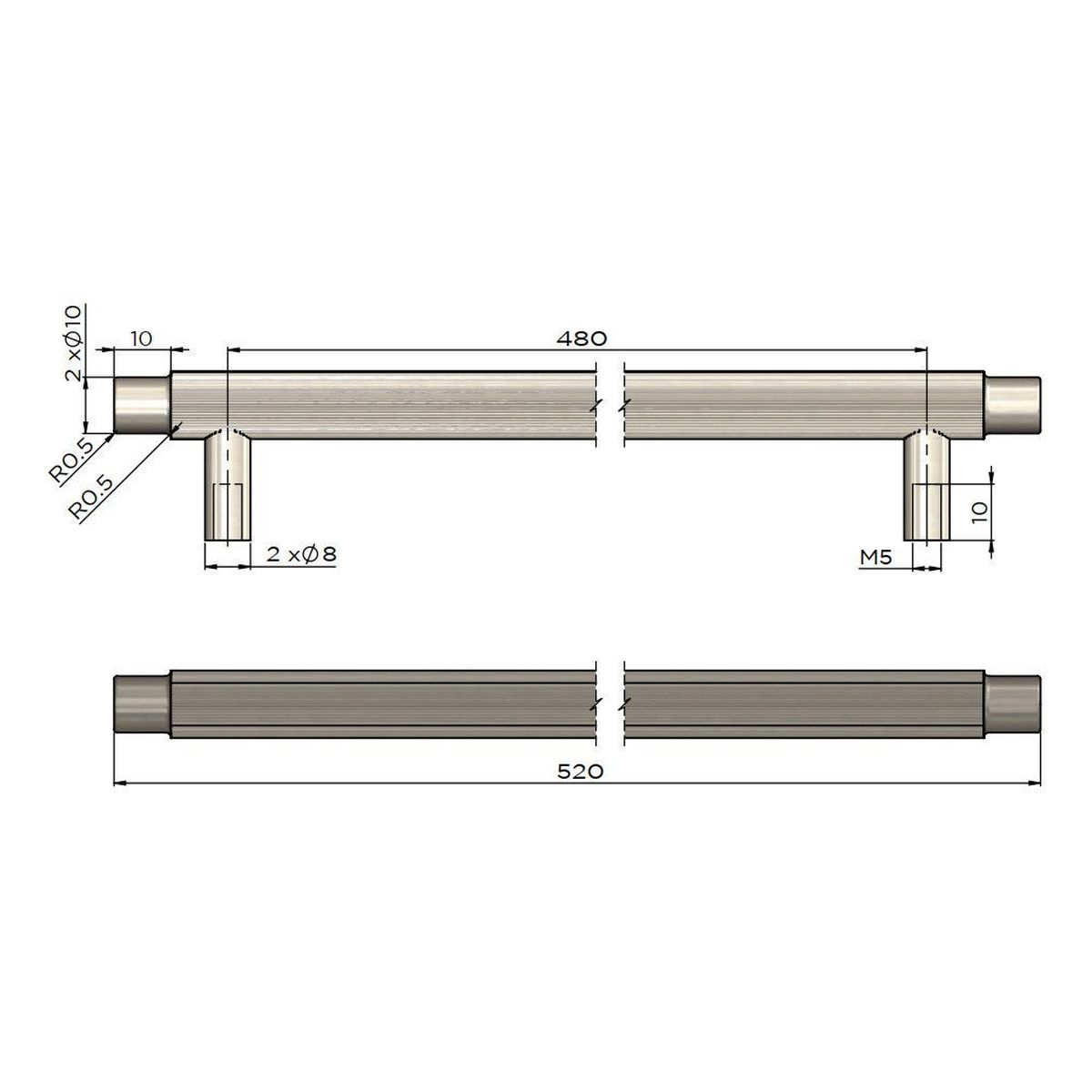Öppen Round Pull 520mm Cabinet Handle (Linear Knurled), Tiger Bronze