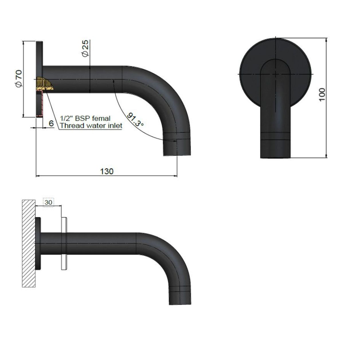Round Curved Spout 130mm, Lustre Bronze