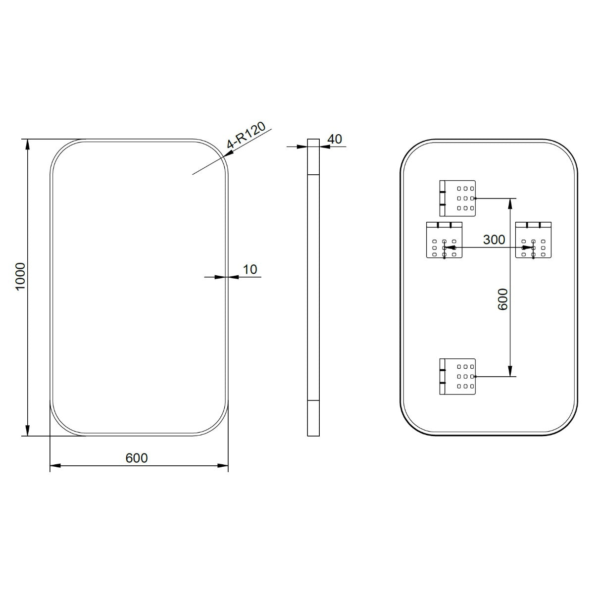 Modern 600 Soft Rounded Rectangle Wall Mirror with Portable Magnifier, Manhattan Black