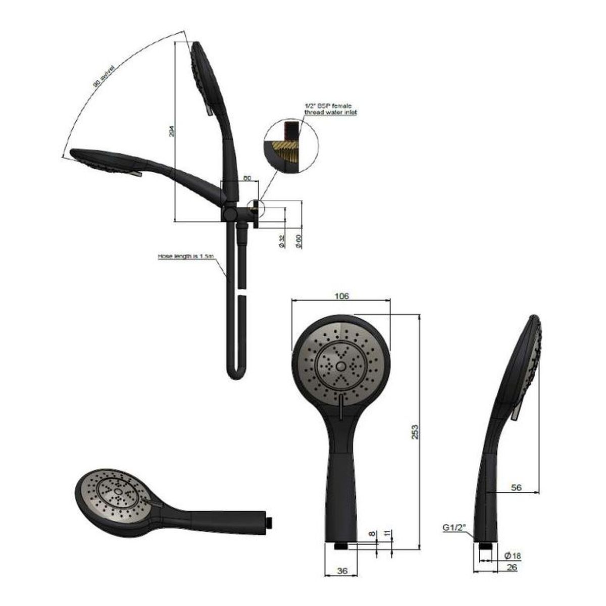 Round Hand Shower on Swivel Bracket, Three Function Hand Shower , Lustre Bronze