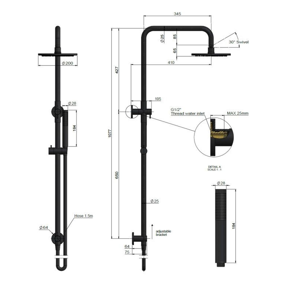 Round Combination Shower Rail 200mm Rose, Single Function Hand Shower Chrome