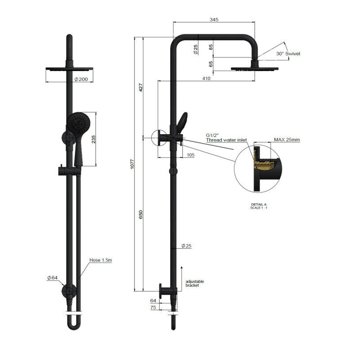 Round Combination Shower Rail 200mm Rose, Three Function Hand Shower Chrome