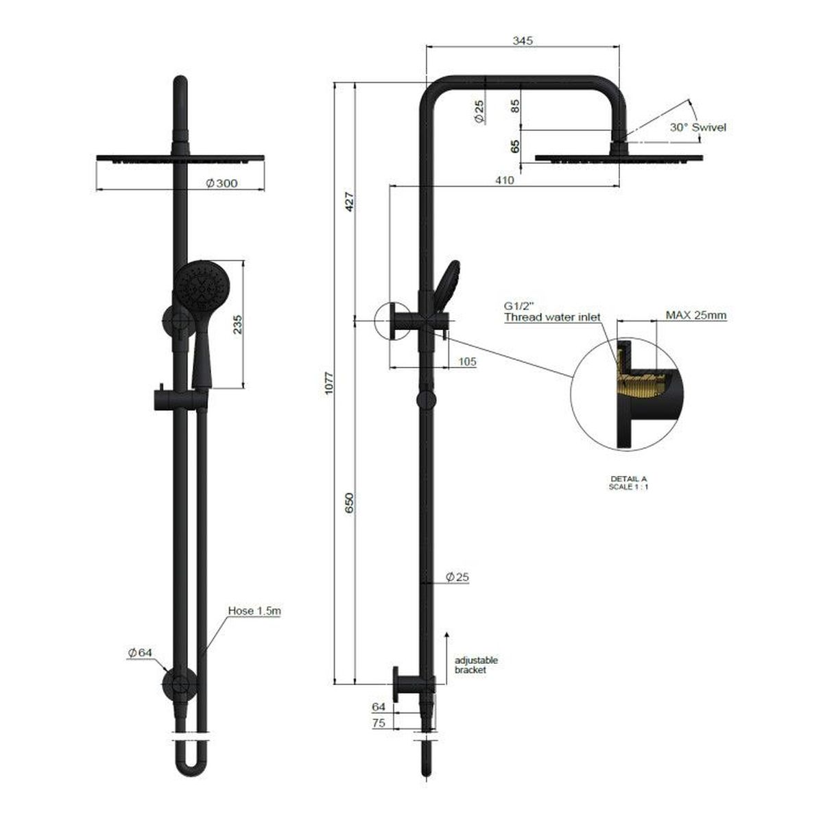 Round Combination Shower Rail 300mm Rose, Three Function Hand Shower Brushed Nickel