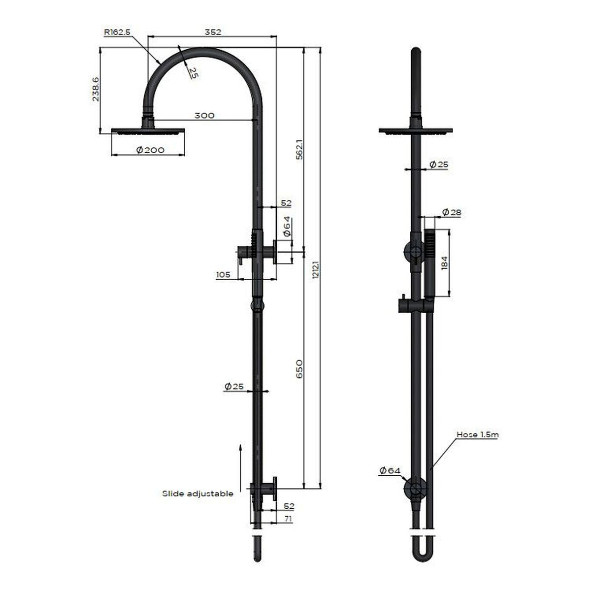 200mm Round Overhead Shower Set, Single Function Hand Shower, Matte Black