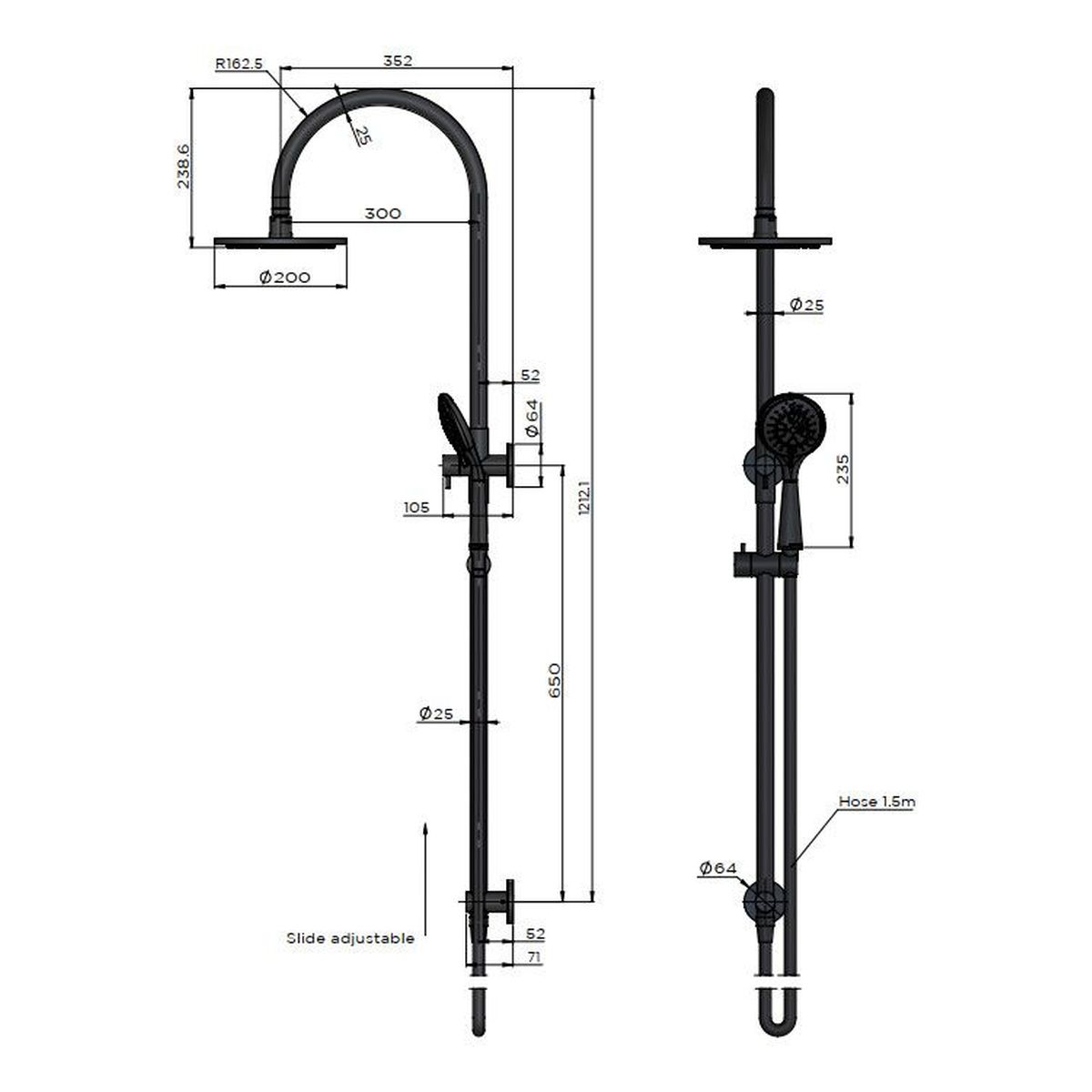200mm Round Overhead Shower Rail, Three Function Hand Shower, Chrome