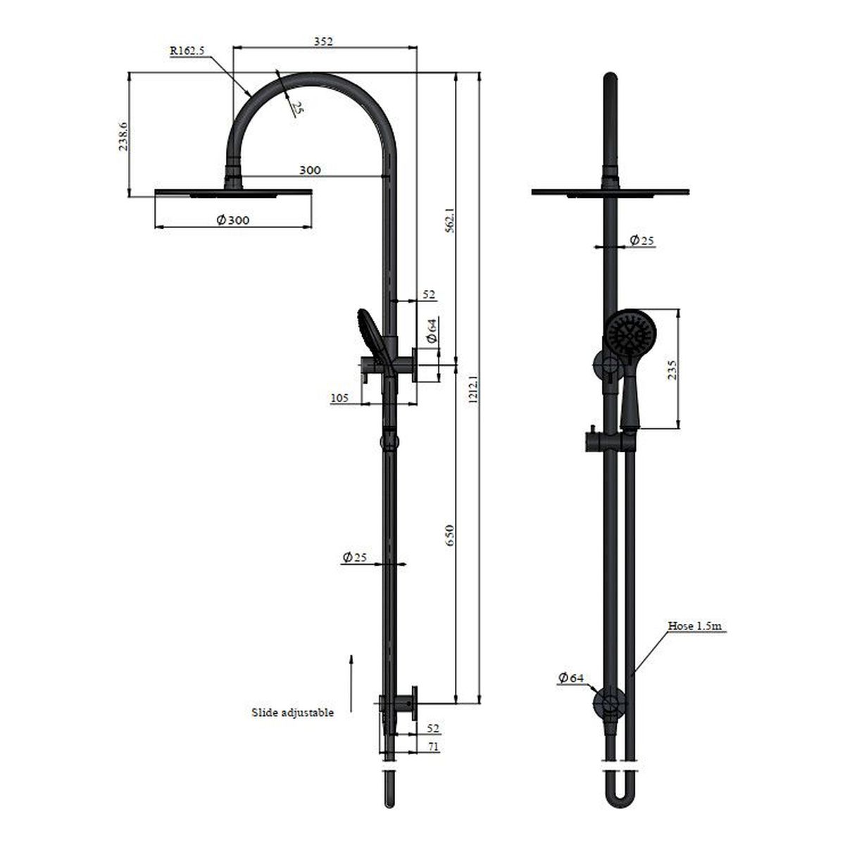 300mm Round Overhead Shower Rail, Three Function Hand Shower, Lustre Bronze