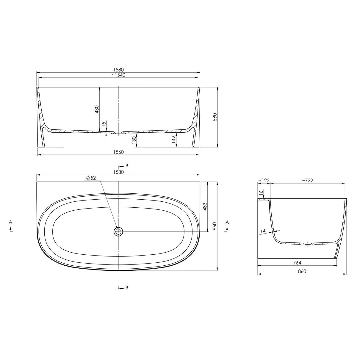 Turner Hastings Narva 158 X 86 Magnacast Back To Wall Bath - Matte White