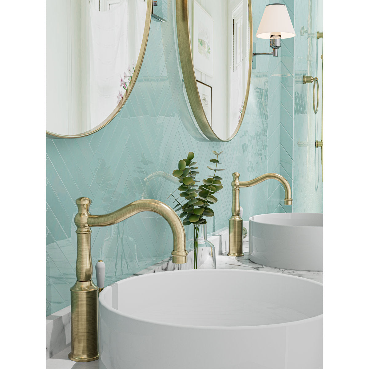 York Basin Mixer Hook Spout With White Porcelain Lever - Aged Brass