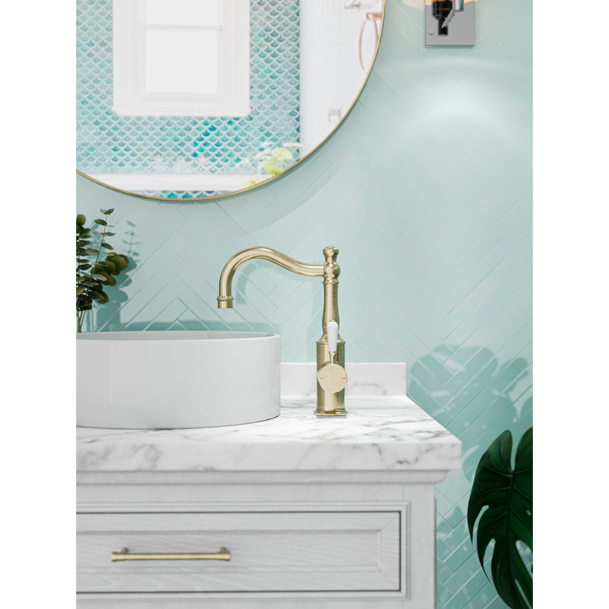 York Basin Mixer Hook Spout With White Porcelain Lever - Aged Brass