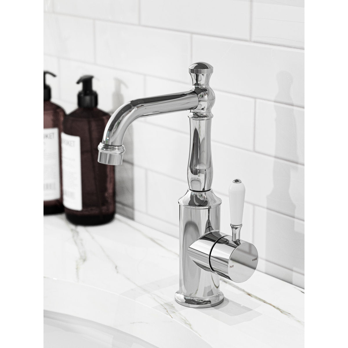 York Basin Mixer With White Porcelain Lever - Chrome