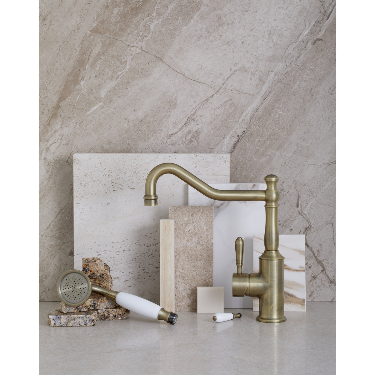 York Kitchen Mixer Hook Spout With Metal Lever - Aged Brass