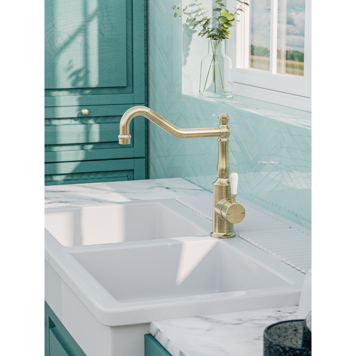 York Kitchen Mixer Hook Spout With White Porcelain Lever - Aged Brass