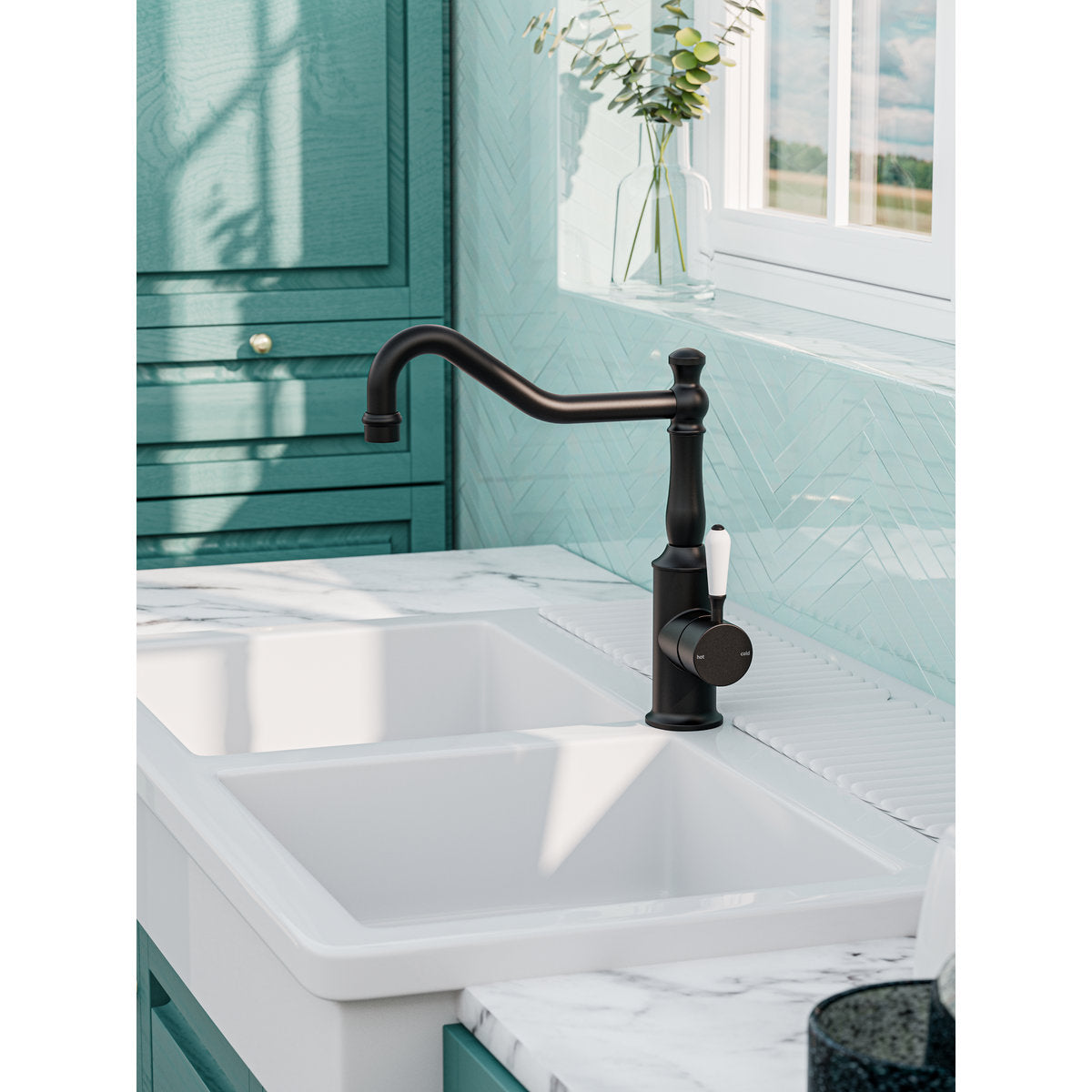 York Kitchen Mixer Hook Spout With White Porcelain Lever - Matte Black