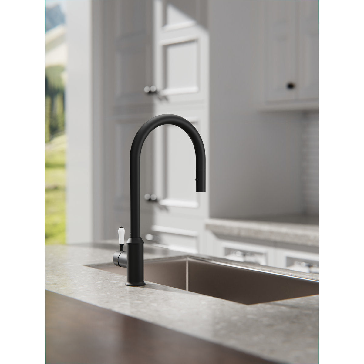 York Pull Out Sink Mixer With Vegie Spray Function With White Porcelain Lever - Matte Black