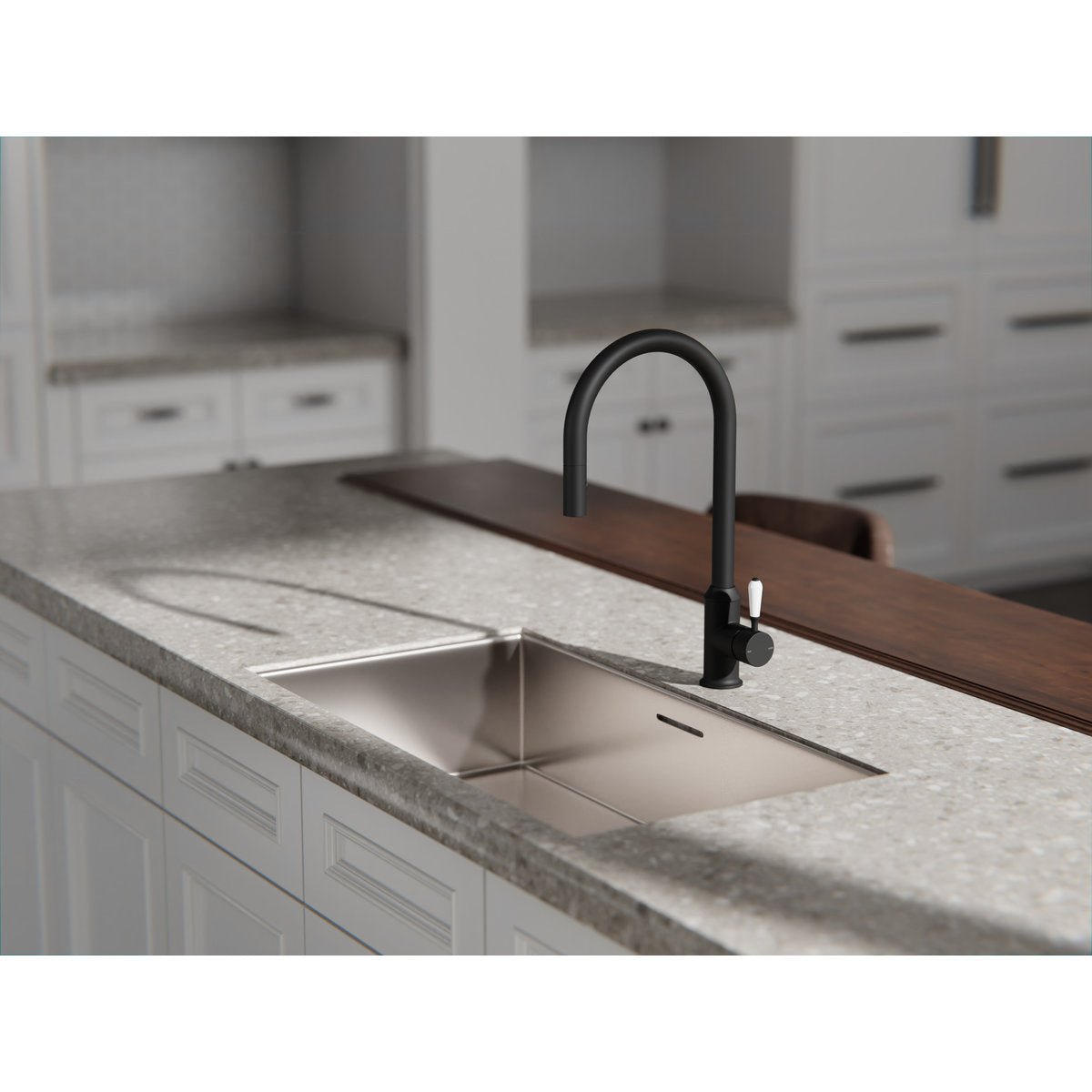 York Pull Out Sink Mixer With Vegie Spray Function With White Porcelain Lever - Matte Black