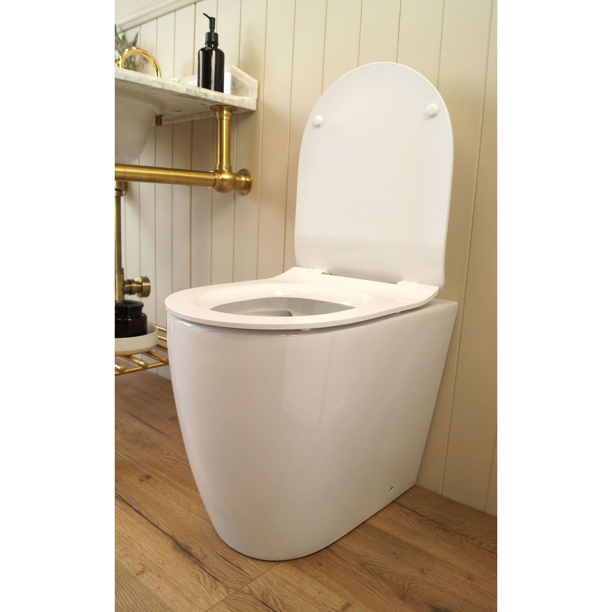 Narva Rimless Floor Pan With Thin Seat, Inwall Cistern & Brushed Stainless Steel Button