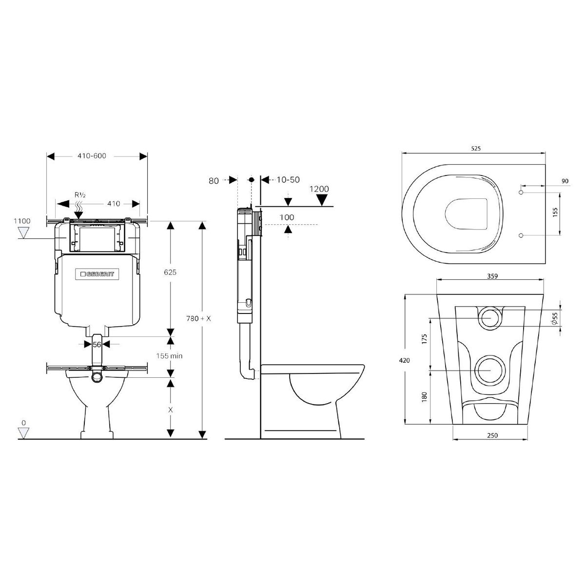 Narva Rimless Floor Pan With Thin Seat, Inwall Cistern & Brushed Stainless Steel Button