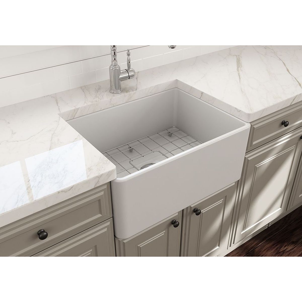 Kit-Novi 60X46 Fireclay Butler Sink - Matte White With Overflow Included Waste