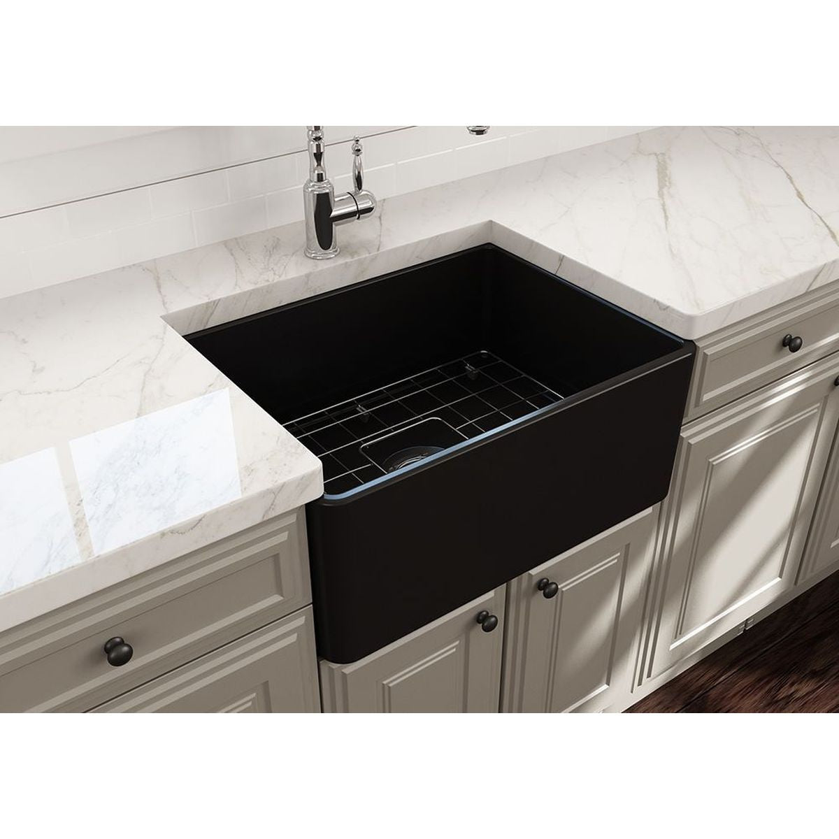 Kit-Novi 60X46 Fireclay Butler Sink - Matte Black With Overflow Included Waste