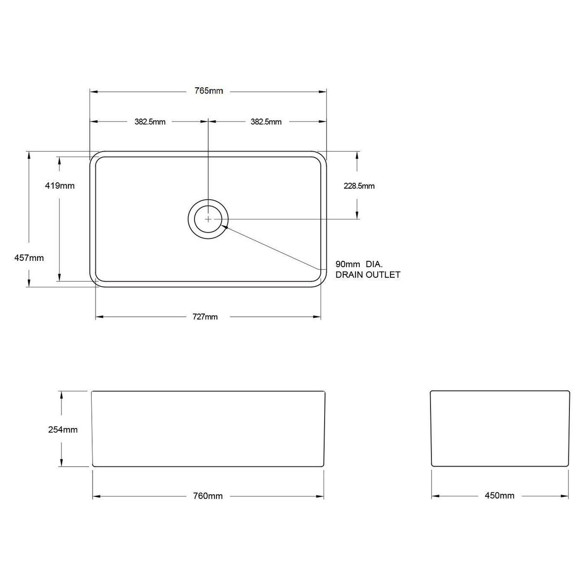 Kit-Novi 75X46 Fireclay Butler Sink - Gloss White With Overflow Included Waste
