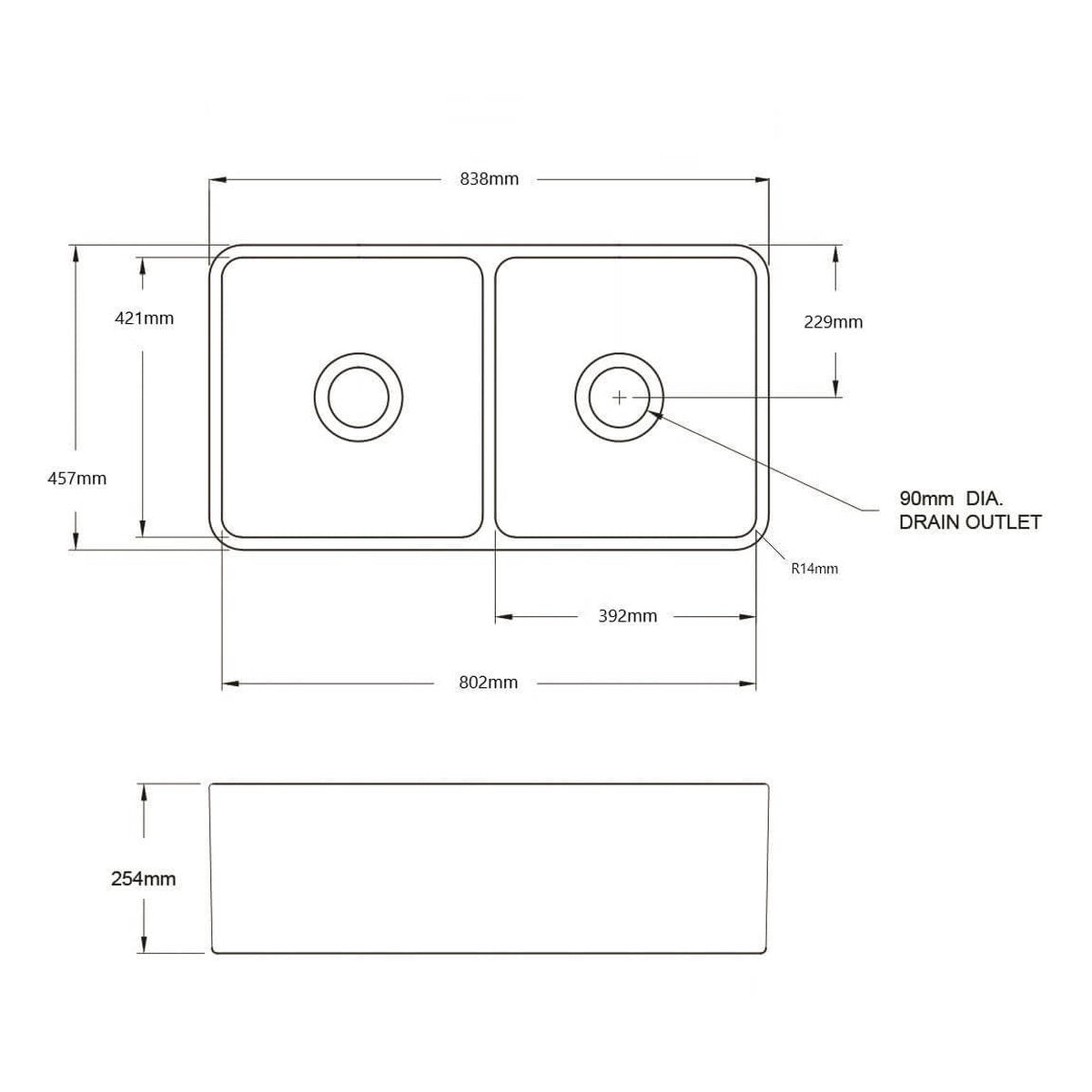 Novi 84 x 46 Fine Fireclay Matte Black Farmhouse Butler Sink