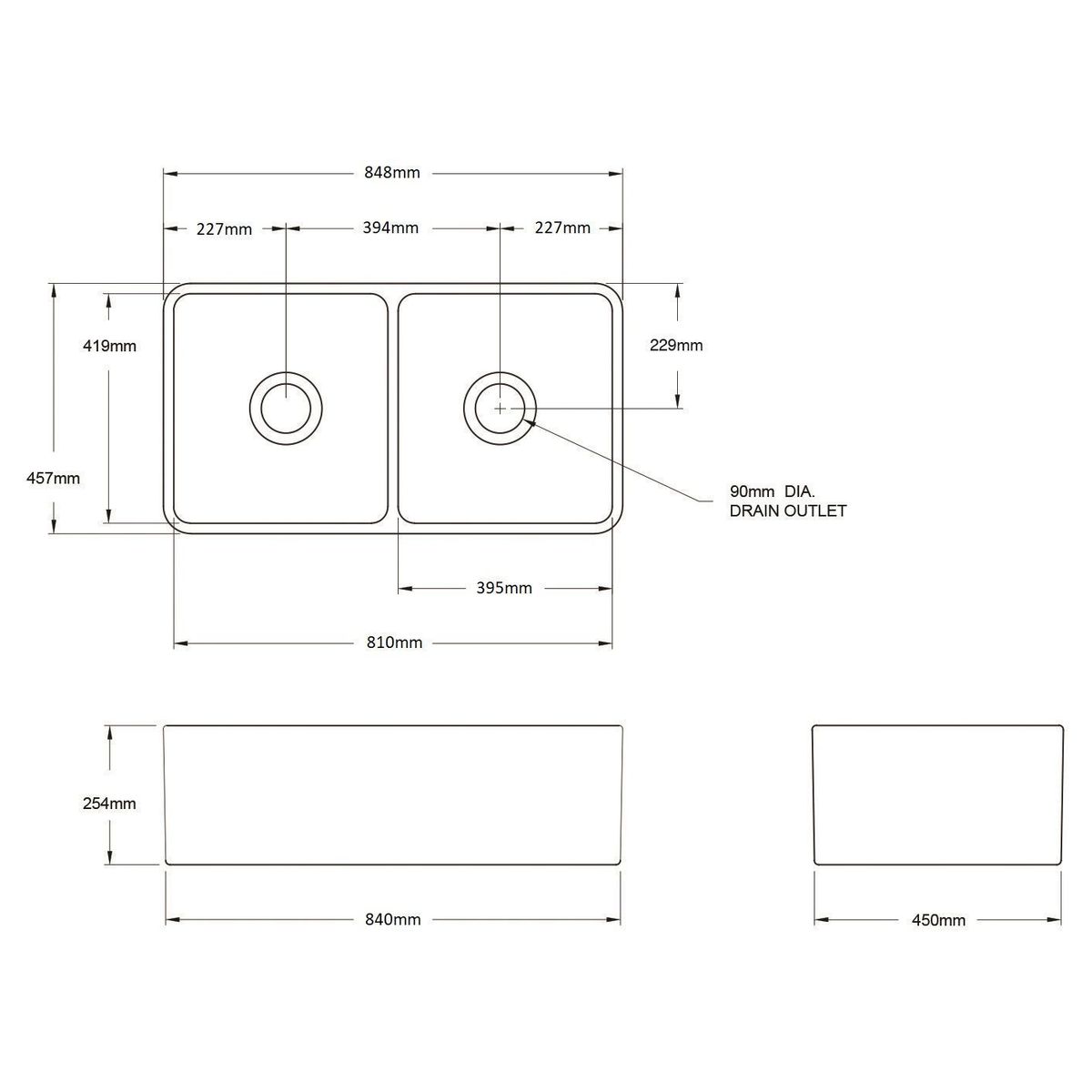 Kit-Novi 85X46 Fireclay Butler Sink - Matte White With Overflow Included Waste