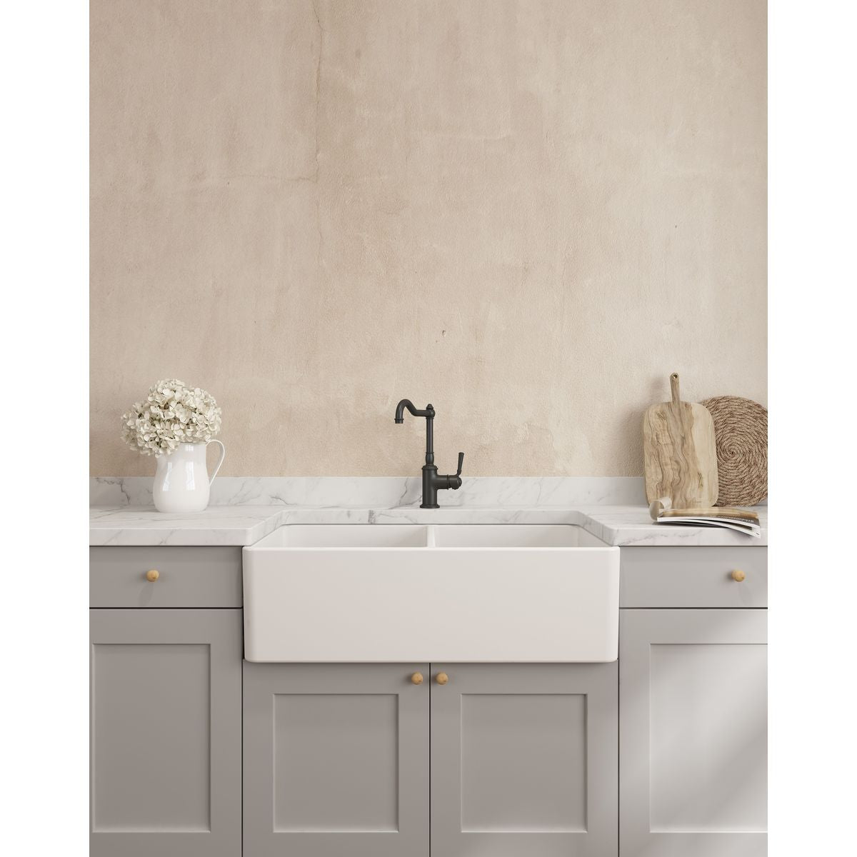 Novi 85X46 Double Bowl Fireclay Butler Sink - Matte White