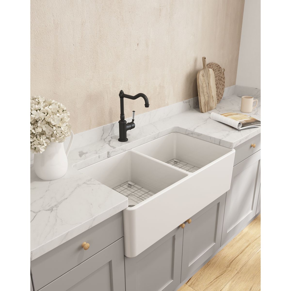 Novi 85X46 Double Bowl Fireclay Butler Sink - Matte White