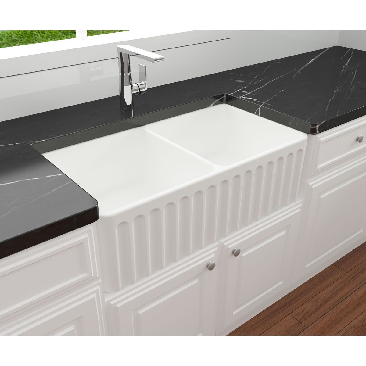 Novi 85X46 Double Bowl Fireclay Butler Sink - Matte White