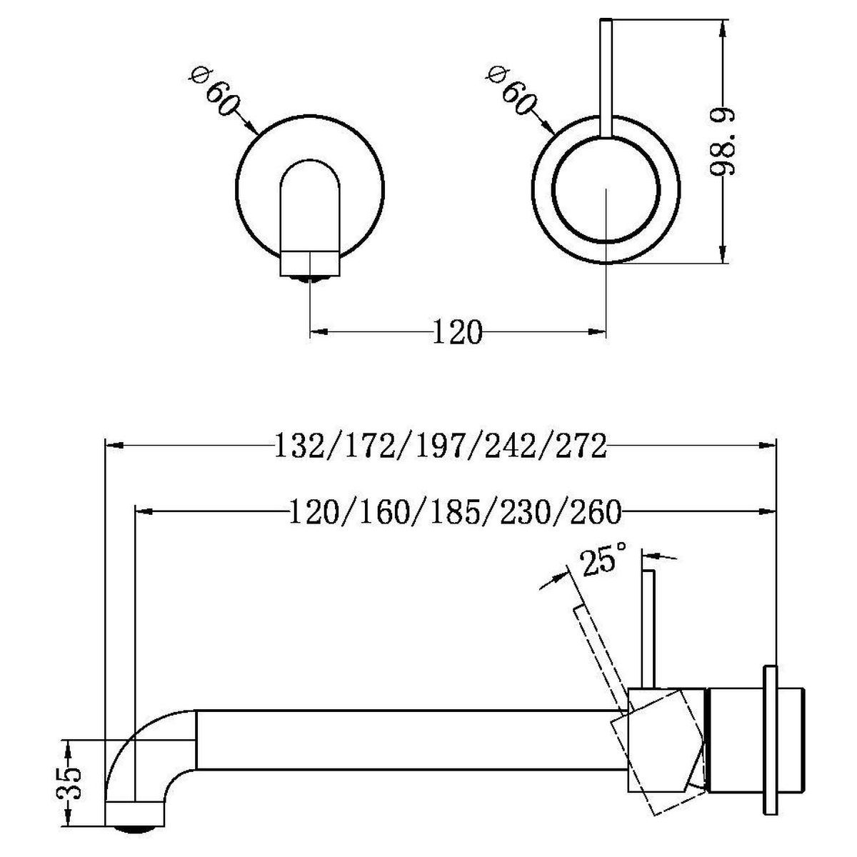 Mecca Wall Basin/Bath Mixer Separate Back Plate Handle Up 260mm in Matte White