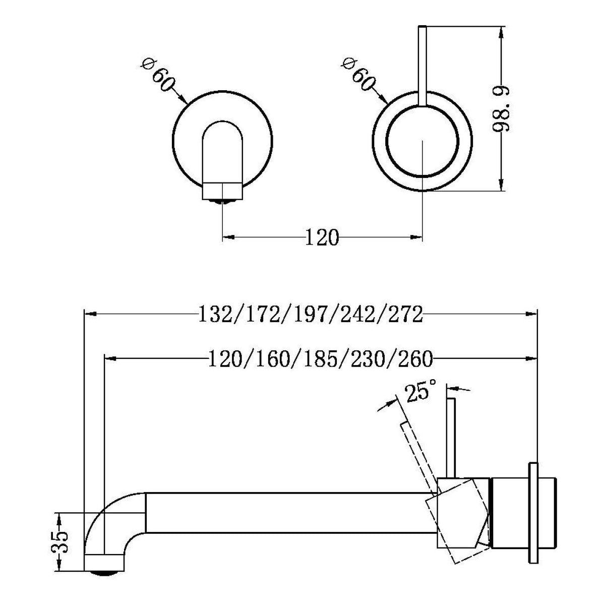 Mecca Wall Basin/Bath Mixer Separate Back Plate Handle Up 160mm Trim Kits in Brushed Gold
