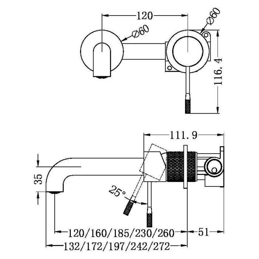 Opal Wall Basin/Bath Mixer Separate Back Plate 185mm - Graphite