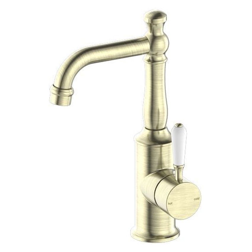 York Basin Mixer With White Porcelain Lever - Aged Brass