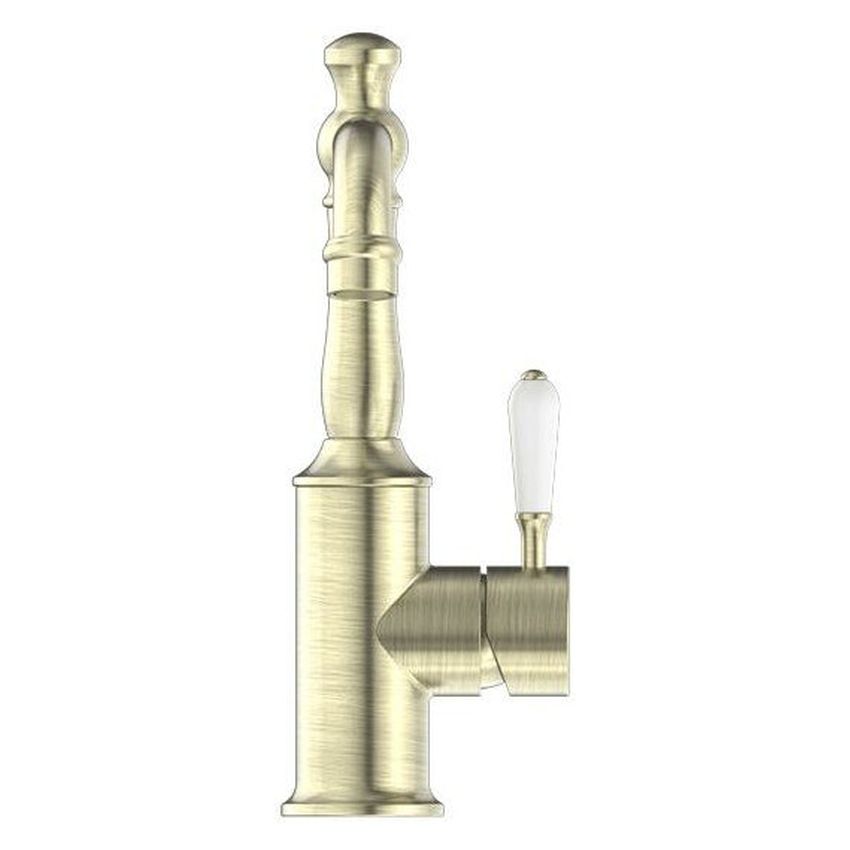 York Basin Mixer With White Porcelain Lever - Aged Brass