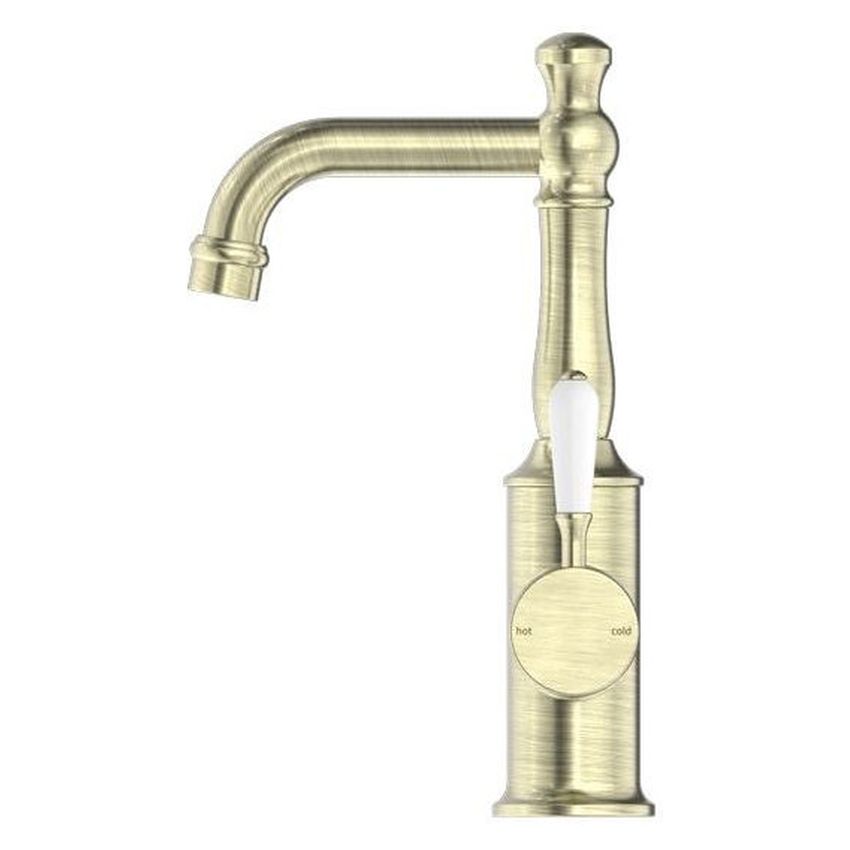 York Basin Mixer With White Porcelain Lever - Aged Brass