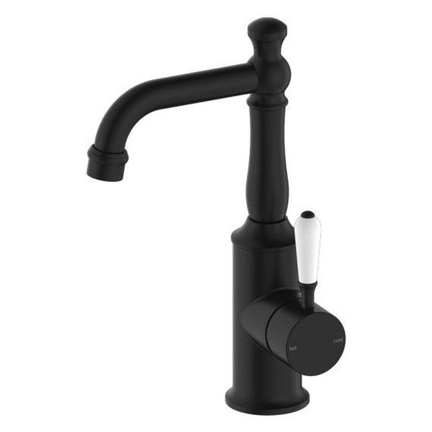 York Basin Mixer With White Porcelain Lever - Matte Black