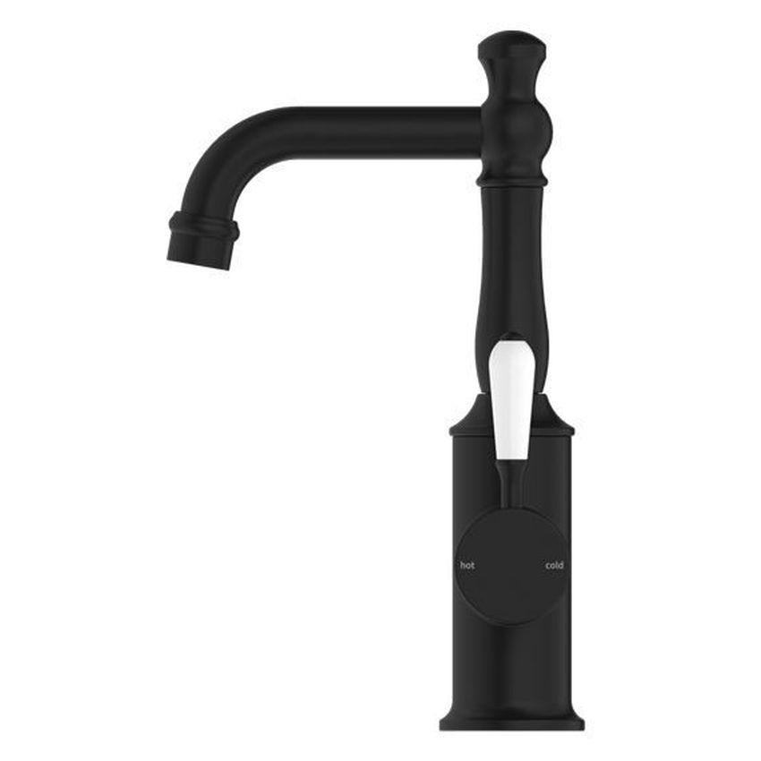 York Basin Mixer With White Porcelain Lever - Matte Black