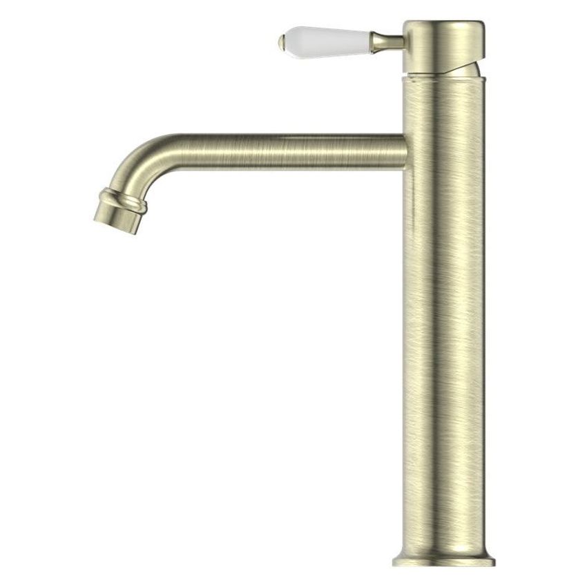 York Straight Tall Basin Mixer With White Porcelain Lever - Aged Brass