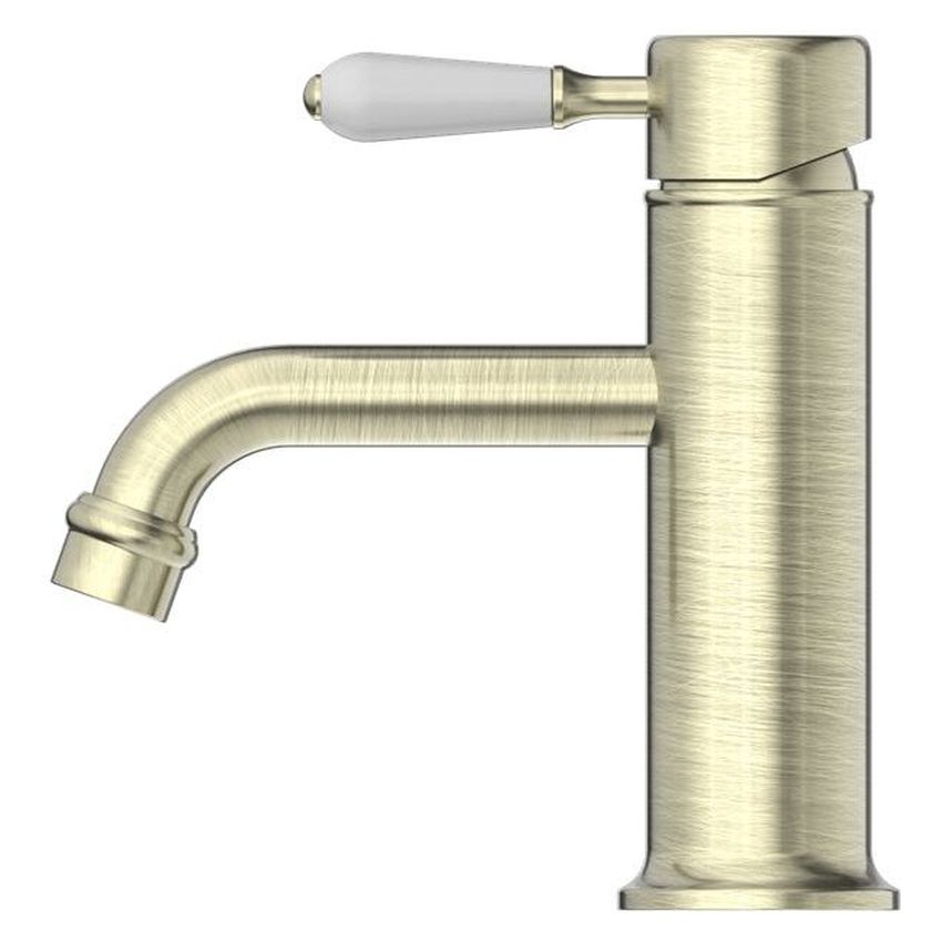 York Straight Basin Mixer With White Porcelain Lever - Aged Brass