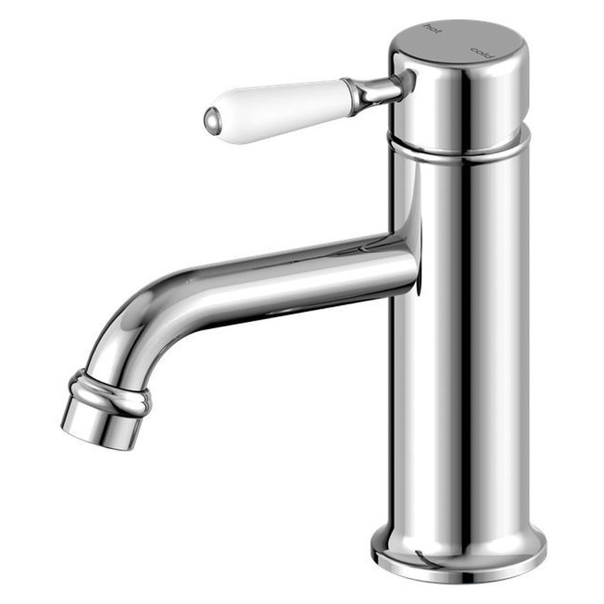 York Straight Basin Mixer With White Porcelain Lever - Chrome