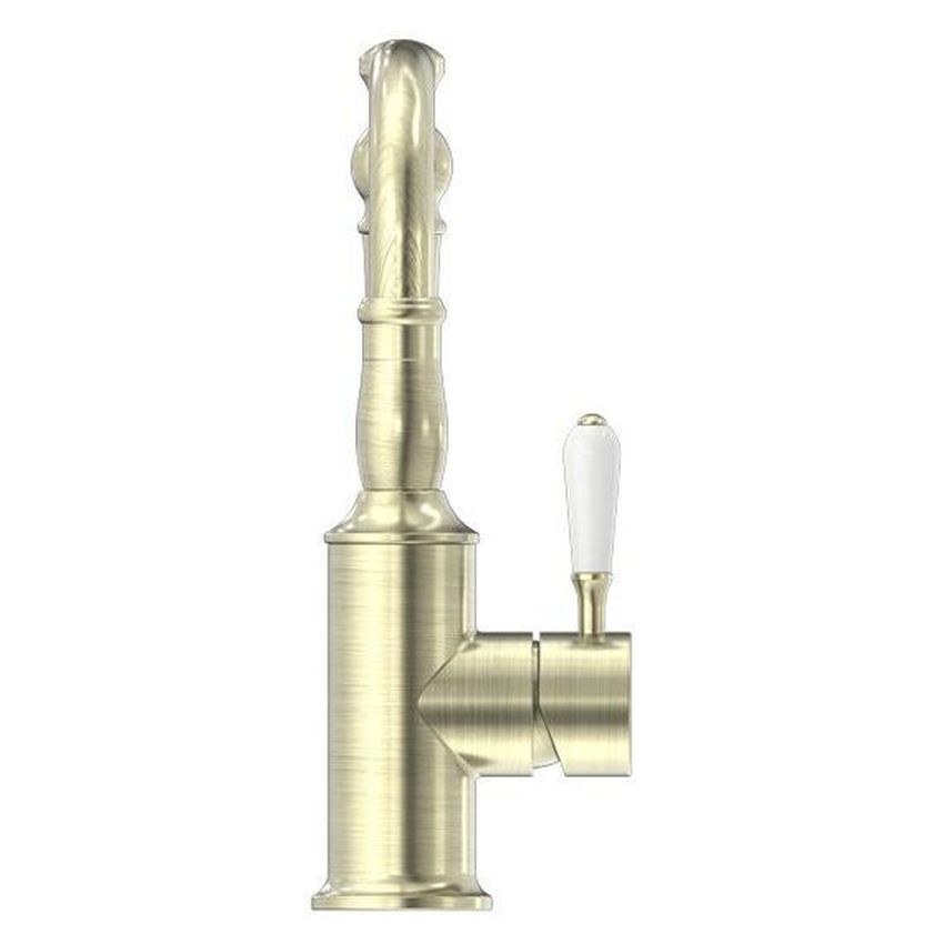 York Basin Mixer Hook Spout With White Porcelain Lever - Aged Brass