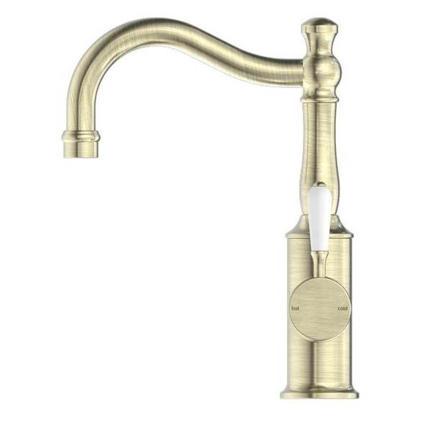 York Basin Mixer Hook Spout With White Porcelain Lever - Aged Brass