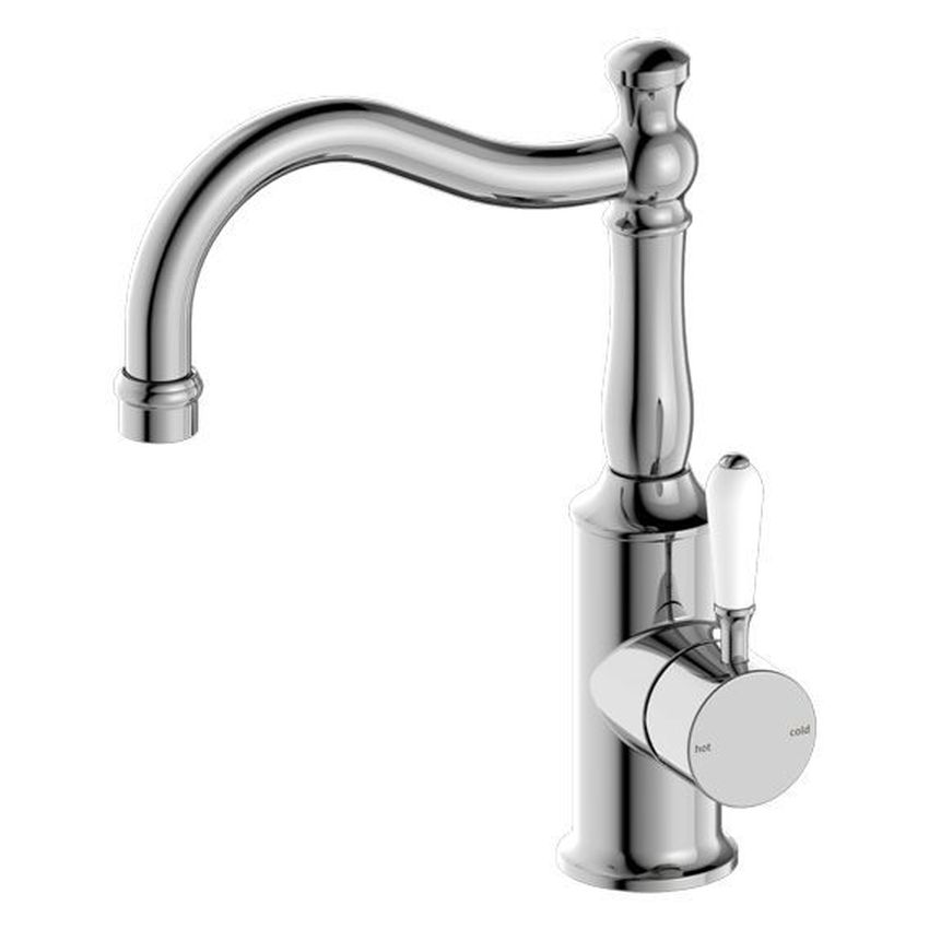 York Basin Mixer Hook Spout With White Porcelain Lever - Chrome