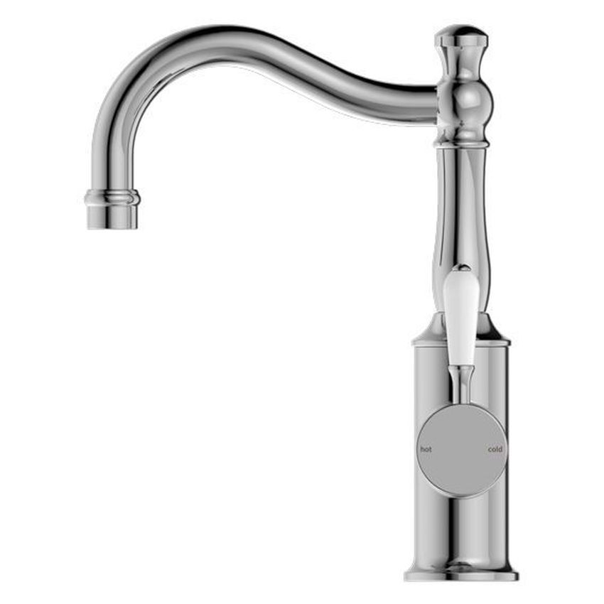 York Basin Mixer Hook Spout With White Porcelain Lever - Chrome