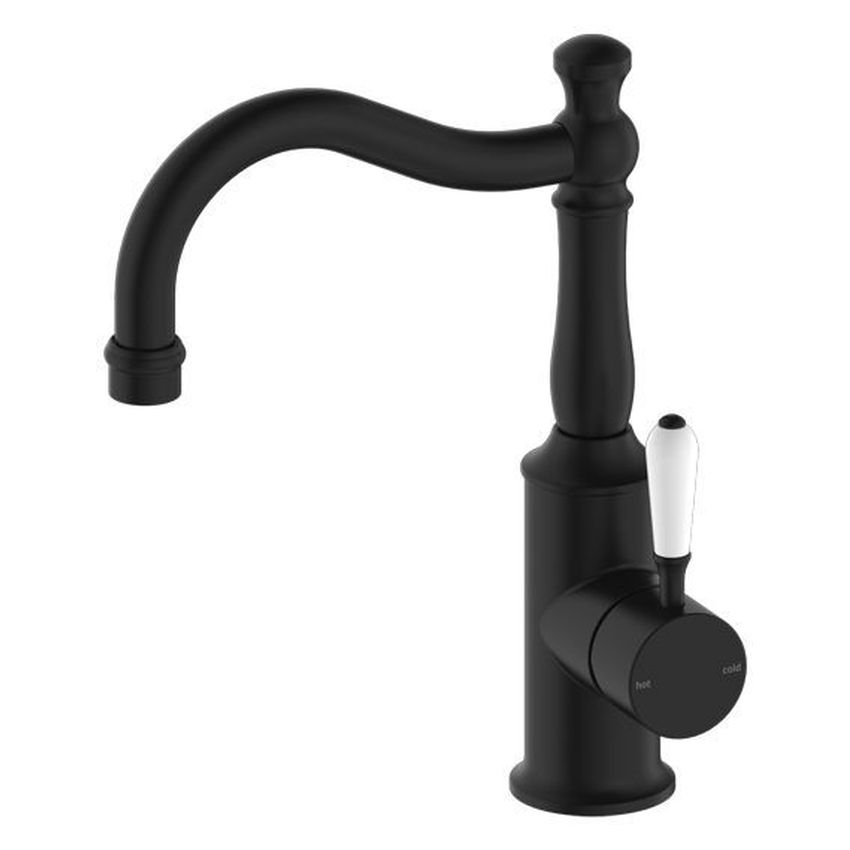 York Basin Mixer Hook Spout With White Porcelain Lever - Matte Black